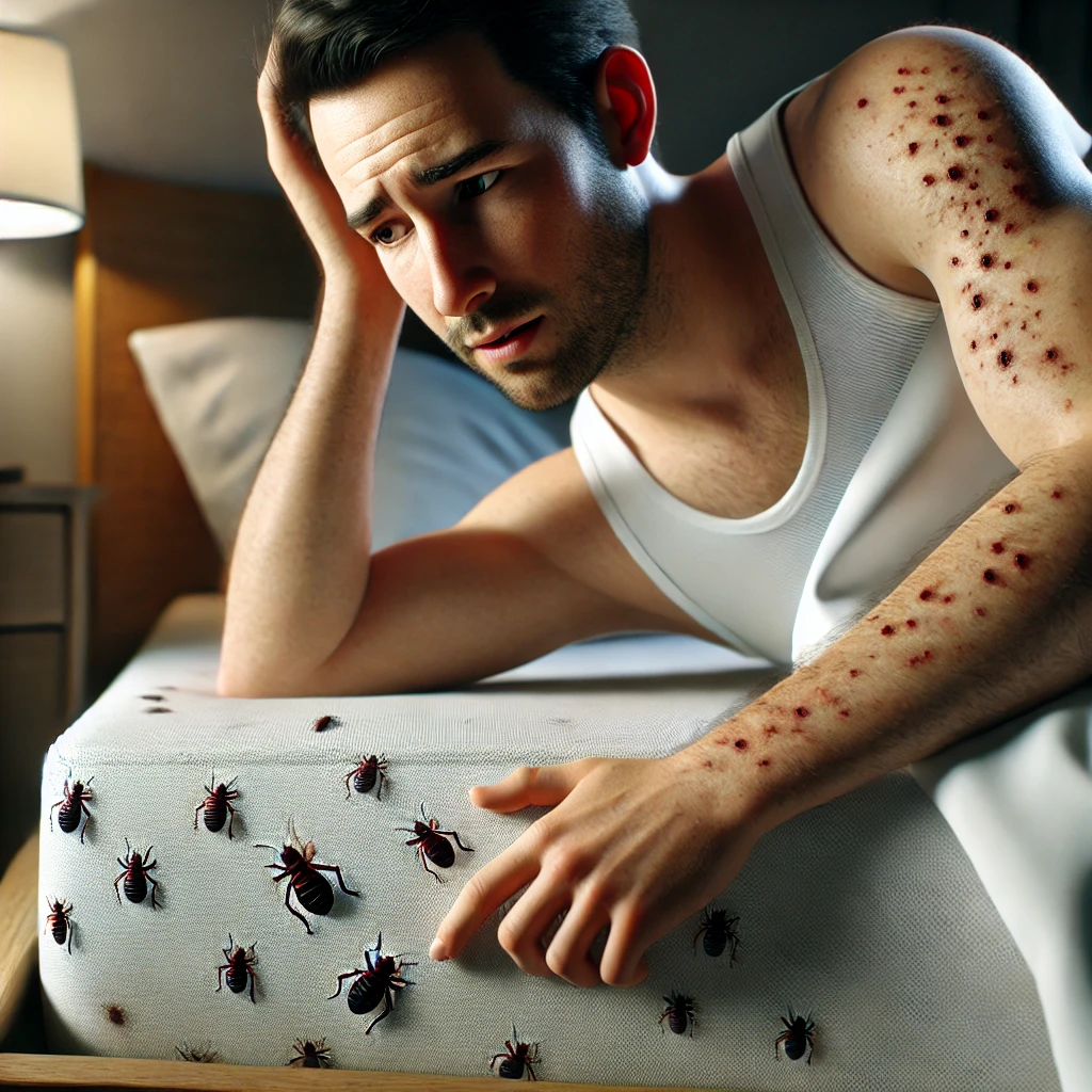 person-waking-up-in-bed-looking-concerned-as-they-notice-a-few-small-itchy-bites-on-their-arm